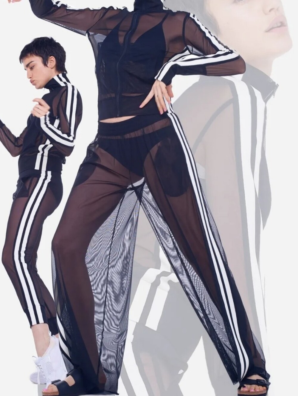 Norma Kamali Black Mesh Joggers with White Side Stripes Sz XL/38